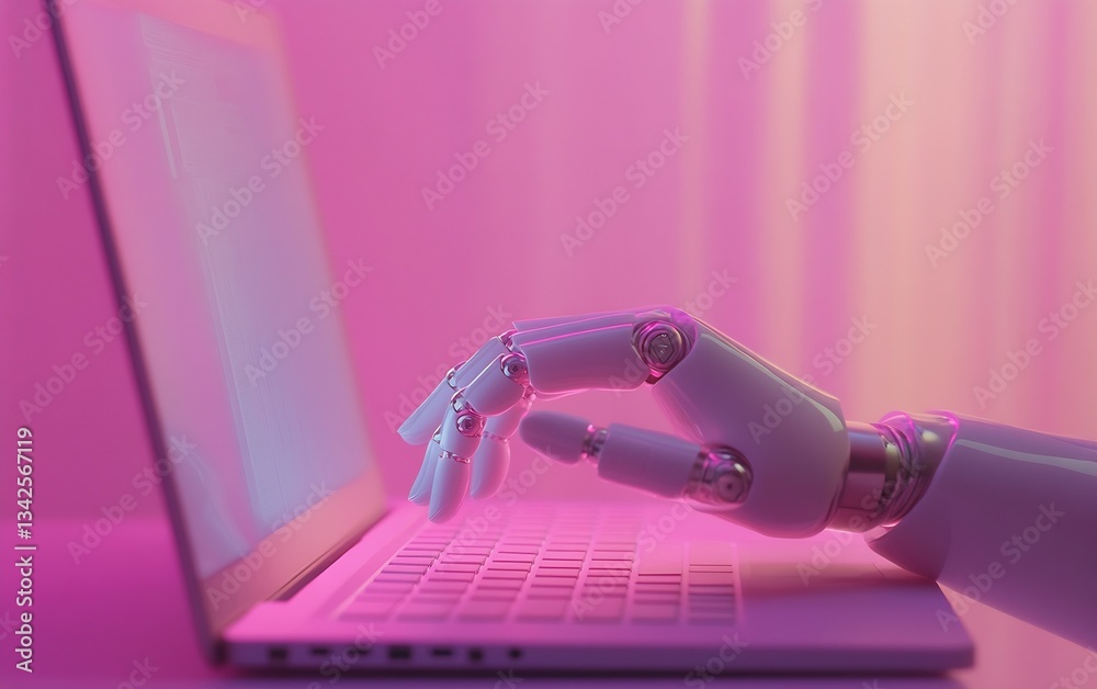 Poster Stylish robotic finger hovering above laptop keyboard illuminated by soft pink light emphasizing future of technology : Generative AI
