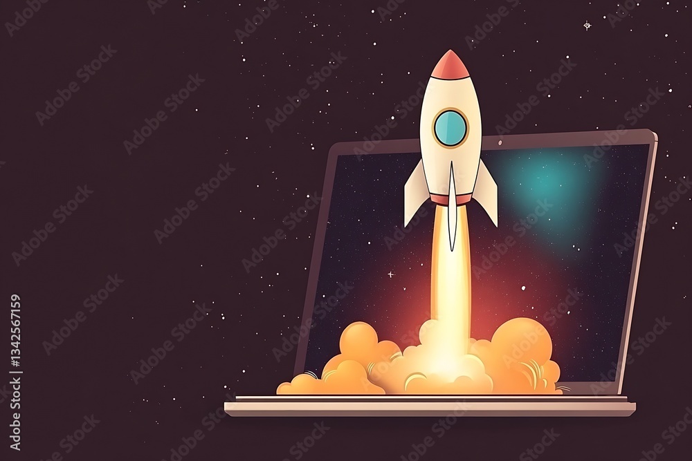 Poster Stylish Rocket Emerging from a Laptop Display in a Vibrant Space Environment : Generative AI