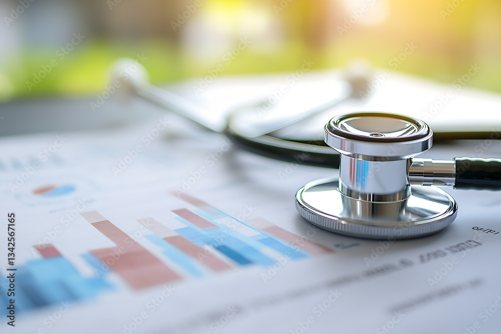 Poster Detailed view of a stethoscope resting on a health report featuring colorful charts and data peaks : Generative AI