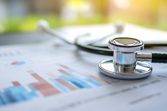 Detailed view of a stethoscope resting on a health report featuring colorful charts and data peaks : Generative AI