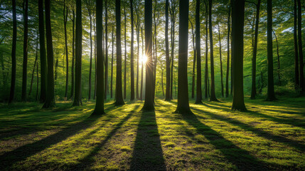 Sunny Forest with Tall, Straight Trees Casting Long Shadows, Featuring a Natural Forest Floor Space Perfect for Adding Promotional Text