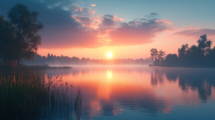 Obraz premium Serene Sunrise over Misty Lake