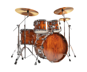 Wooden Drum Set with Cymbals and Chrome Hardware on White Background