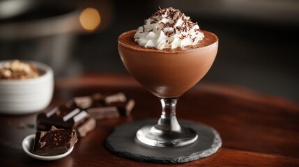 A rich, dark chocolate concoction, garnished with whipped cream and a chocolate shavings, promising a decadent experience.