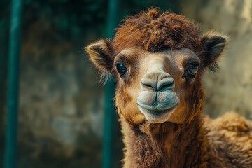 Fototapeta premium Cute Camel Portrait with Soft Brown Fur Staring at the Camera in Natural Habitat, Zoo