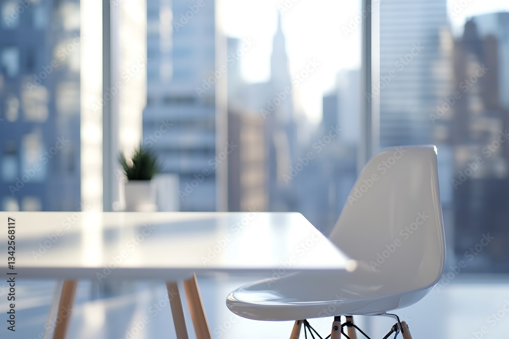 Poster serene modern workspace featuring sleek white chair and city view with contemporary architecture : g