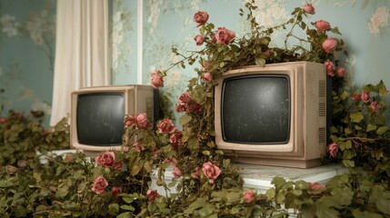 Surreal grove of screens entwined in vines, each display relaying contradictory messages.