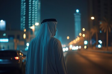Arab man in traditional clothing walks down urban street at night