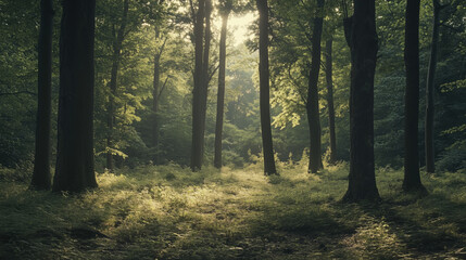 Obraz premium Summer Forest with Towering Trees Beneath a Bright Sky, Offering Natural Open Space Between Trees for Creative Additions and Visual Enhancement