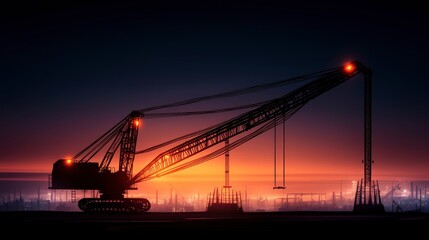 Obraz premium Sunset Silhouette Crane at Industrial Construction Site