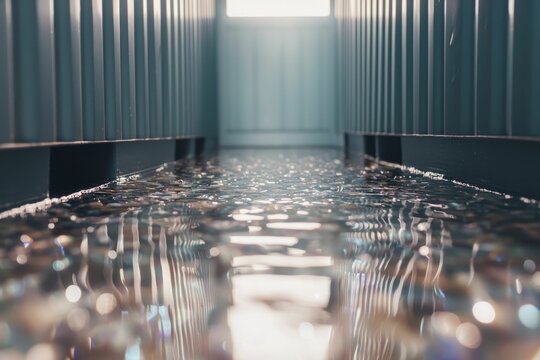 Urban canyon of towering shipping containers, each painted with corporate ads, creating claustrophobic consumerism.