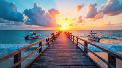 Fototapeta premium Atmospheric wooden jetty on over the beautiful beach with blue sky, wooden pier with small boats at summer sunset
