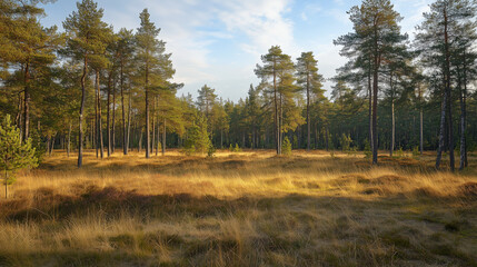Summer Forest with Towering Trees Beneath a Bright Sky, Offering Natural Open Space Between Trees for Creative Additions and Visual Enhancement