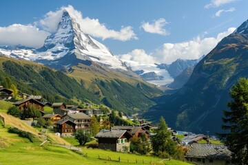 Scenic view of the Matterhorn mountain with charming chalets and vibrant greenery during a sunny summer day in the Swiss Alps