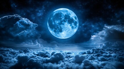 Serene Celestial Night Landscape: Stunning Moonlight and Clouds under a Starry Sky in Blue Tones - High Resolution Dreamscape Photography