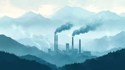 Fototapeta premium industrial factory, with smoke billowing from its chimneys and air pollution visible in the atmosphere - ai