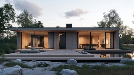 Fototapeta premium Modern Concrete House with Wooden Deck and Pool at Twilight