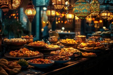 Lavish Middle Eastern buffet with traditional pastries and glowing lanterns for elegant dining.