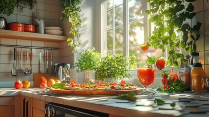 Sunlit Kitchen Counter With Pizza, Juice, and Herbs. Fresh Food and Drink on Countertop. Bright Kitchen Interior Design. Still Life Photography. Natural Lighting. Summery Food Photography. Vibrant