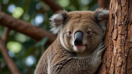 Koala clinging to tree