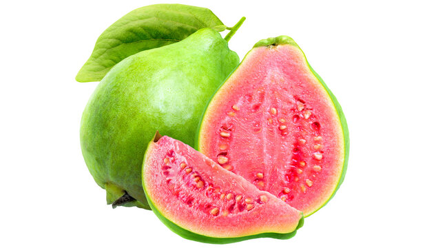 Fresh guava fruit with pink flesh and green skin isolated on white background
