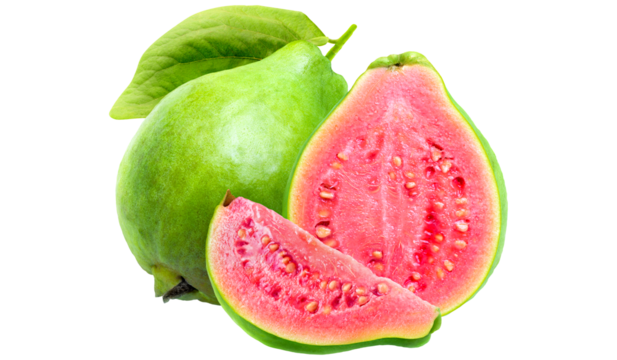 Fresh guava fruit with pink flesh and green skin isolated on white background