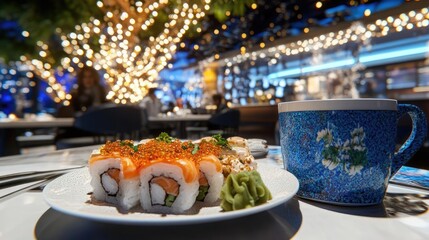 Sushi Plate with Blue Mug in Restaurant Atmosphere with Warm Lighting and Decorated Ambiance  Dinner Table Setting  Delicious Food Presentation in a Casual Dining Setting