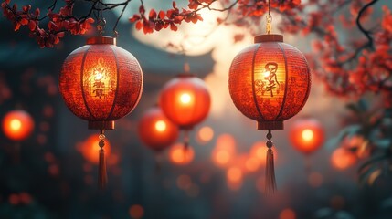 Enchanted Evening: Glowing Lanterns Amidst Blossoming Branches