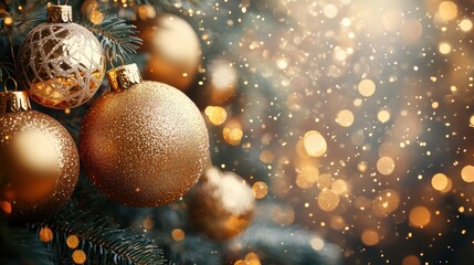 A warm, inviting Christmas template, adorned with a profusion of shimmering golden baubles, evoking a sense of festive cheer and cozy warmth.