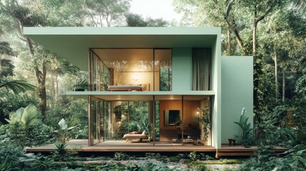 Modern Green House in Lush Tropical Forest
