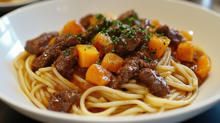 A symphony of autumnal flavors: vibrant orange pumpkin nestled among tender beef strips, simmered in a rich tomato sauce, all intertwined with delicate strands of spaghetti, a culinary masterpiece.