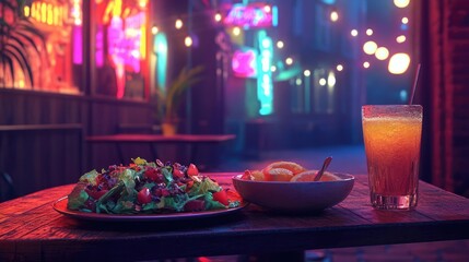 Vibrant City Street Food Scene Salad And Cocktail On Wooden Table