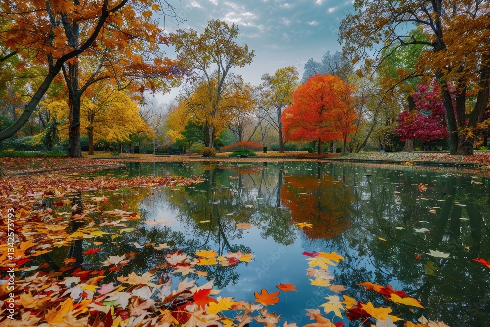 Aufkleber vibrant autumn foliage reflecting in a serene pond surrounded by colorful trees during a calm mornin