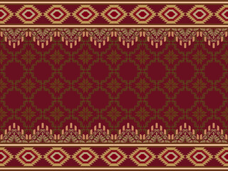 Geometric fabric patterns are arranged in a pattern similar to a floral pattern. The dark red color is contrasted with golden brown and off-white color. or bohemian fabric pattern