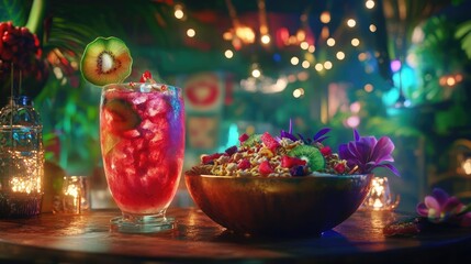 Vibrant Tropical Cocktail and Fruit Bowl on Wooden Table at Night