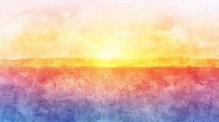 Vibrant Watercolor Landscape Painting With Warm Colors And Textures in a Peaceful Setting With Gentle Hues Of Yellow Orange Red And Blue Sky at Sunset or Sunrise Horizon And Clouds. Abstract and