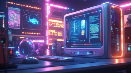Obraz premium Vibrant Neon Lights Highlight Retro Futuristic Computer Setup Described In Detail. Detailed View of A Trendy Computer Workstation. Futuristic, Glowing Lights Illuminate Digital Interface. Desk