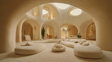Organic Modern Interior Design: Beige and White Curved Walls and Furniture