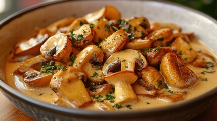 Fototapeta premium A creamy symphony of chanterelle mushrooms, sauteed to perfection, simmered in a delicate broth, releasing their earthy aroma and creating a delightful taste of autumn.