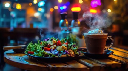 Warm Evening Cafe Scene Steaming Hot Chocolate with Whipped Cream and Fresh Salad Delightful Dinner Experience with A Delightful Meal at a Cozy Cafe. Relaxing Night Out with a Scrumptious Meal