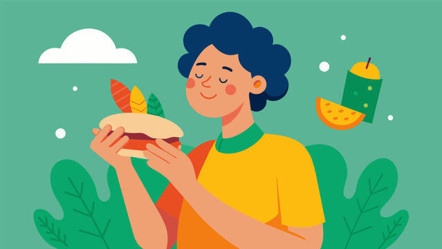 A person mindfully eats a sandwich appreciating the balance of textures and flavors created by each ingredient.. Vector illustration