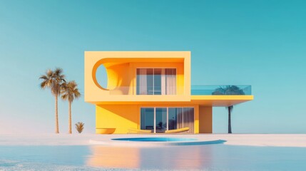 Modern Yellow Minimalist House with Pool in Desert Setting