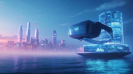 Fototapeta premium Virtual Reality Headset on Modern Platform Overlooking Futuristic Cityscape at Twilight with Neon Lights and Water Features. Virtual World Immersive Experience with Modern Architecture and City