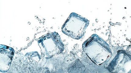 Cubed Ice Pieces Falling into Water with Splashes and Motion