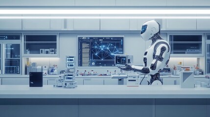 White Robot in a Modern Sterile Laboratory Analyzing Data on a Screen and Monitor Interface for Research and Development in Healthcare and Scientific Research Utilizing Automation Technology and