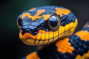Fototapeta premium Striking Venomous Snake Displays Vibrant Black and Yellow Stripes in Natural Habitat