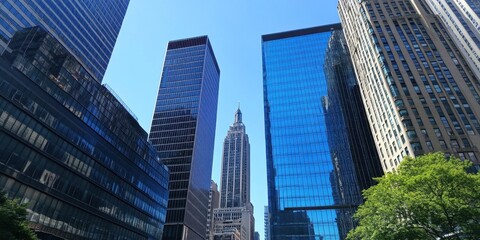 Obraz premium Skyscrapers and architecture viewed from a city street below the blue sky