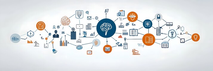 A digital knowledge cloud with a diverse set of icons representing various academic and professional fields