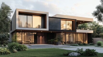 Modern Beige House with Stone and Glass Exterior at Sunset