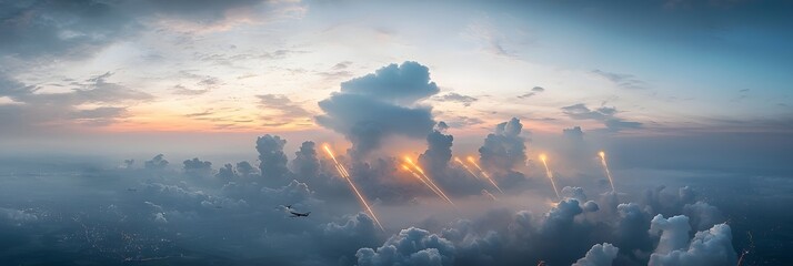 A dramatic and serene panoramic view of an ethereal cloudscape at sunset with silhouetted aircraft and glowing winding flight paths creating a sense of tranquil and adventure